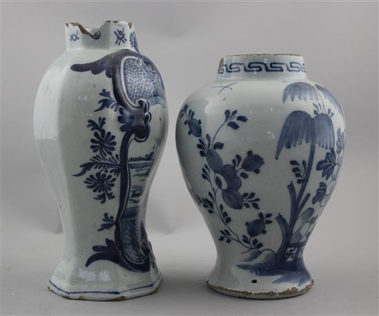 Two Delft blue and white vases, late 18th century, 17.5cm, both with losses to rims